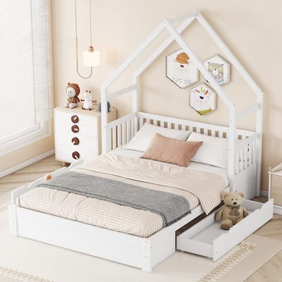 Roomfitters Queen House Platform Bed with Guardrail and Two Spacious Underbed Compartments