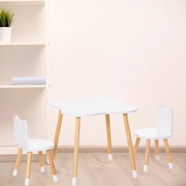 slide 2 of 7, Cute Wooden Kids Activity Table with 2 Chairs, Bear Backrest Design for Toddlers Ages 3 and Up White