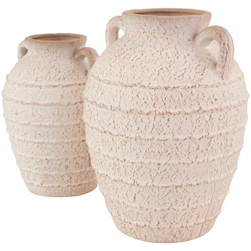Ceramic Textured Vase with Handles and Terracotta Accents - Set of 2 Cream - Roche River Decor - 8"W x 8"L x 11"H