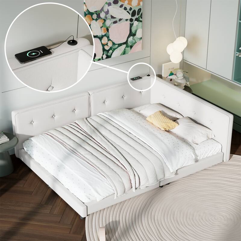 Upholstered Full Size Platform Bed with USB Ports in Beige