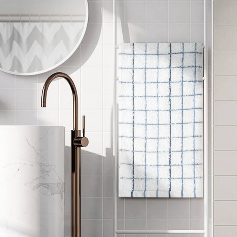 Checkered Bathroom Hand Towels, 100% Cotton Soft Absorbent Quick Drying Towel Sets - Blue - 4 Pack