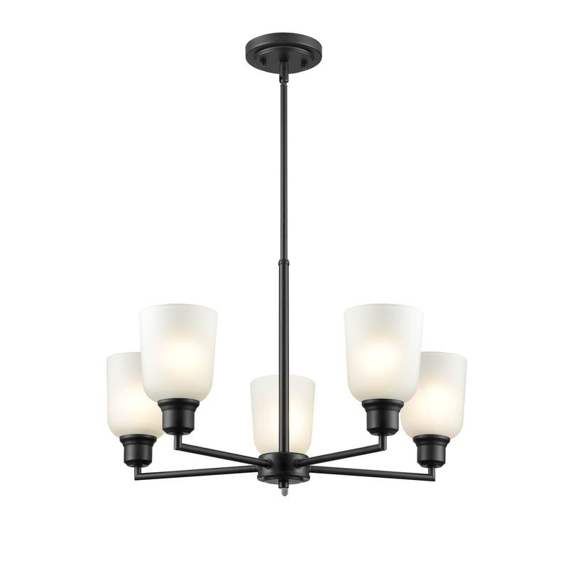 Millennium Lighting Amberle in Brushed Nickel or Matte Black 5 Light Chandelier with Frosted White Shades