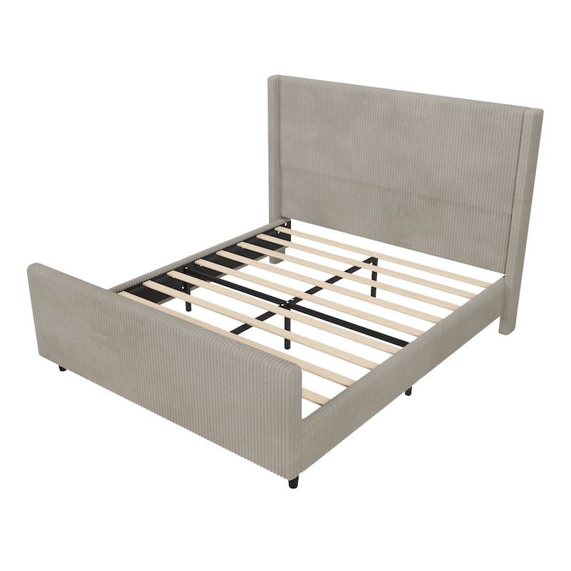 Queen Size Corduroy Upholstered Platform Bed with Vertical Stripe Wingback and High Footboard