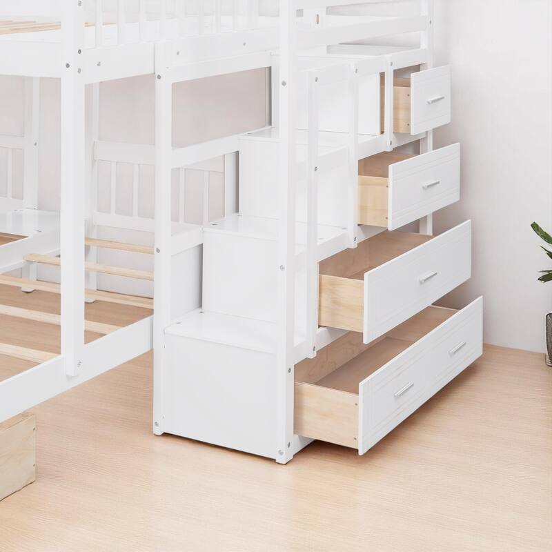 Wood Triple Bunk Bed Full Over Twin and Twin with Storage Drawers and Staircase, 600 lbs Capacity Top