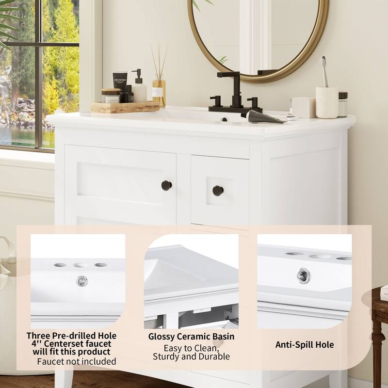 Modern Simple Bathroom Cabinet Freestanding Bathroom Vanity with Ceramic Sink, Tip-out Drawer, 2 Drawers and Side Door Organizer
