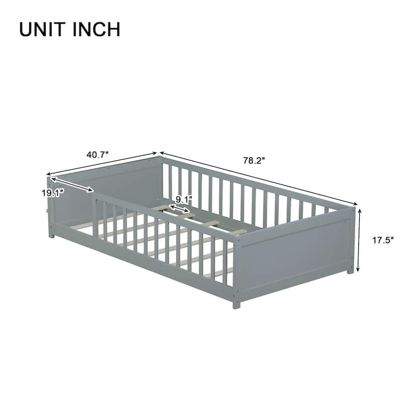 Twin Floor Bed with Built-in Bookcase Rubber Wood Low Profile Platform Bed