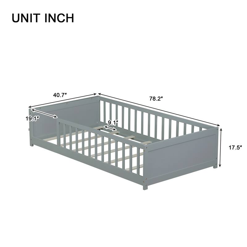 Twin Size Floor Platform Bed with Fence Rail and Built-in Book Rack, Wood Slat Support