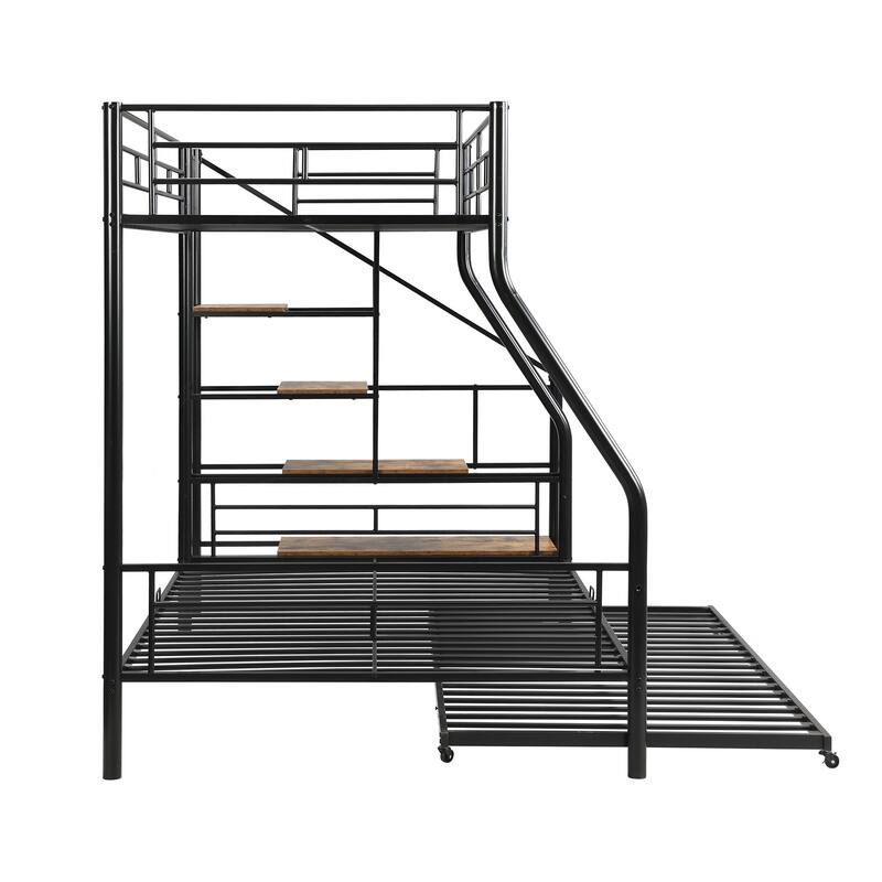 Twin Over Full Metal Bunk Bed with Trundle, Storage Staircase, and Guardrail