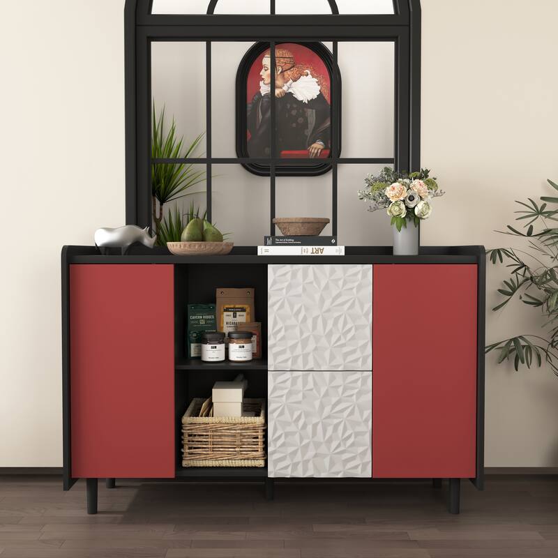 Sideboard Cabinet with Doors & 2 Drawers, Freestanding Coffee Bar Cabinet, Accent Cabinet with 2 Open Storage Compartment - Black+Red