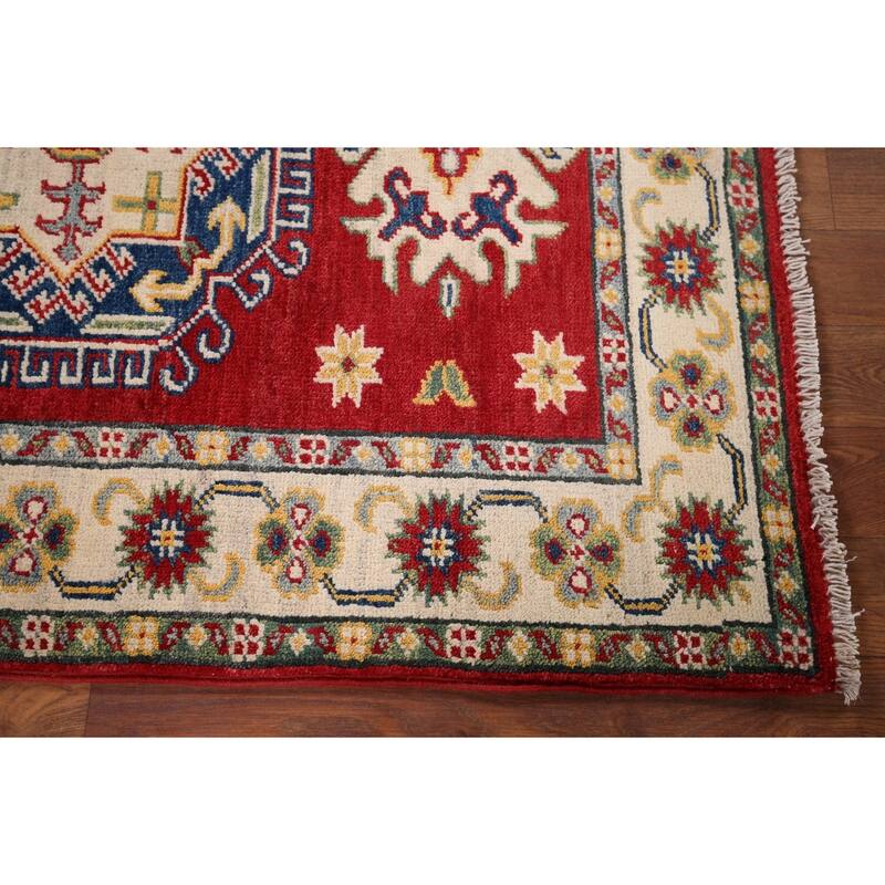 Red Geometric Kazak Foyer Rug Handmade Wool Carpet - 2'10" x 4'1"