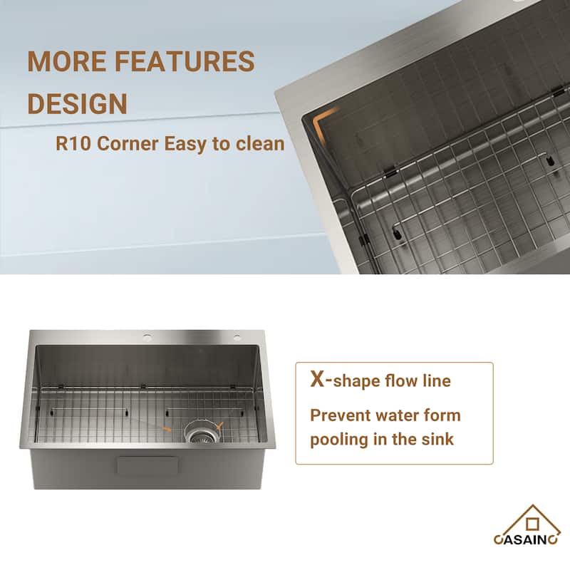 Stainless Steel 33 Single Bowl Drop-In Kitchen Sink with LED and Infrared Sensor Pull Down Kitchen Faucet