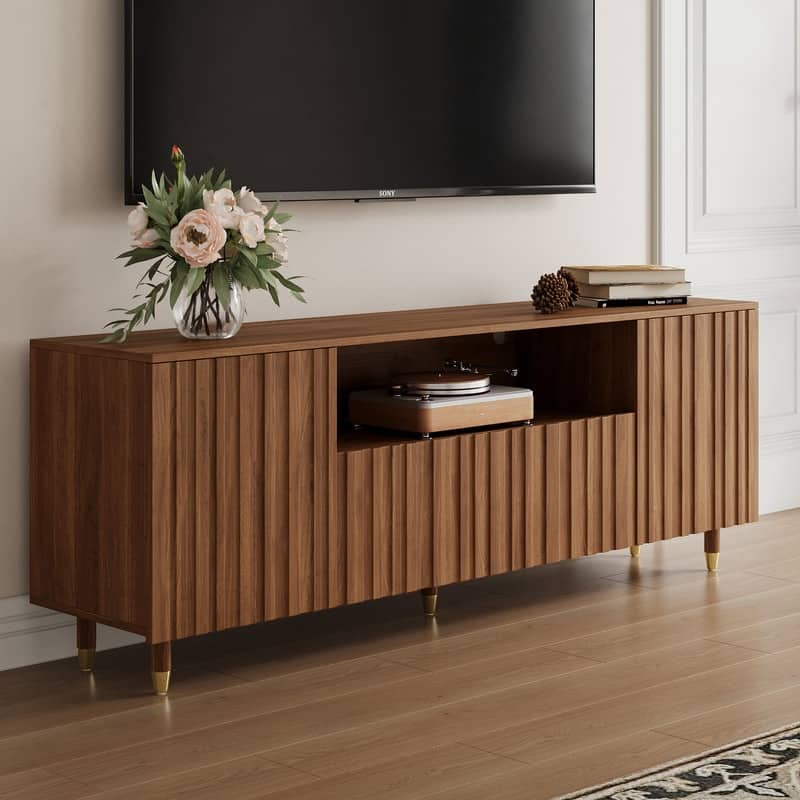 71" Mid-Century Modern Brown Wood Living Room TV Stand with Storage Cabinets & Open Shelves
