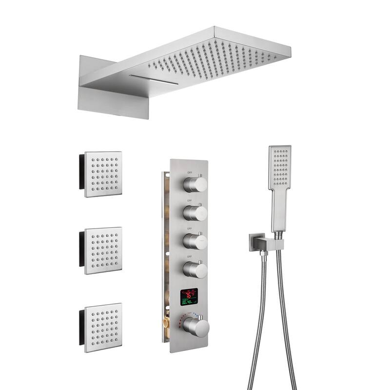 22 Inch Wall Mounted Thermostatic Shower System Temperature Digital Display Shower Faucet Set - Brushed Nickel