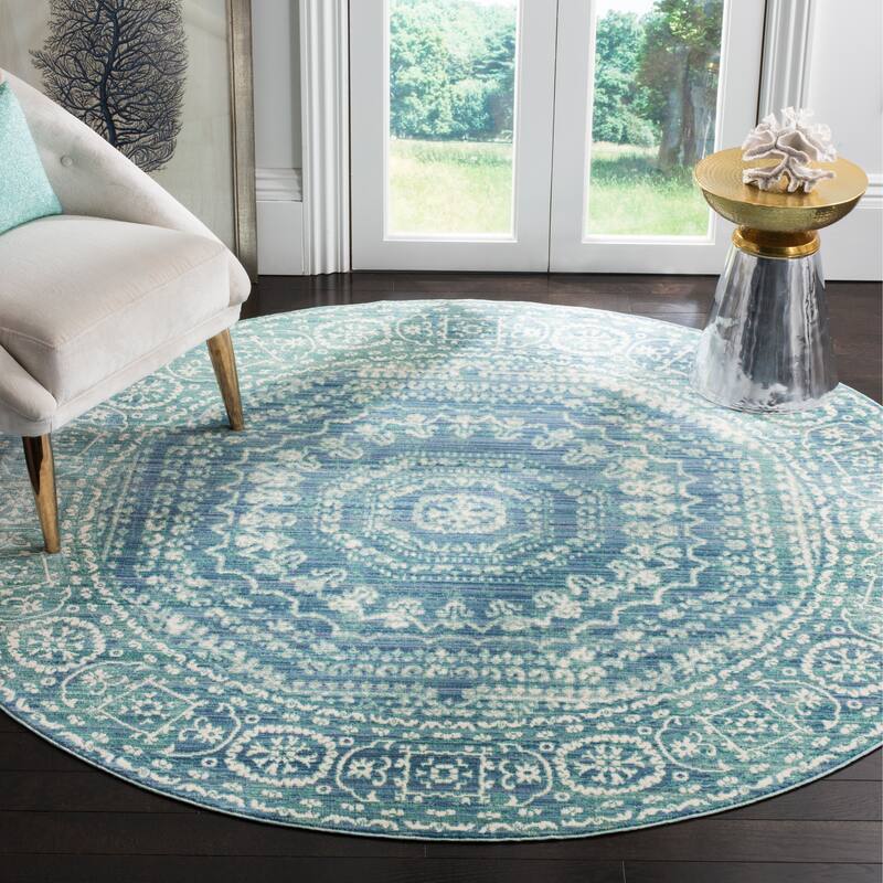 SAFAVIEH Valencia Burcu Distressed Vintage Boho Oriental Polyester Rug - 6'7" Round - Blue/Multi