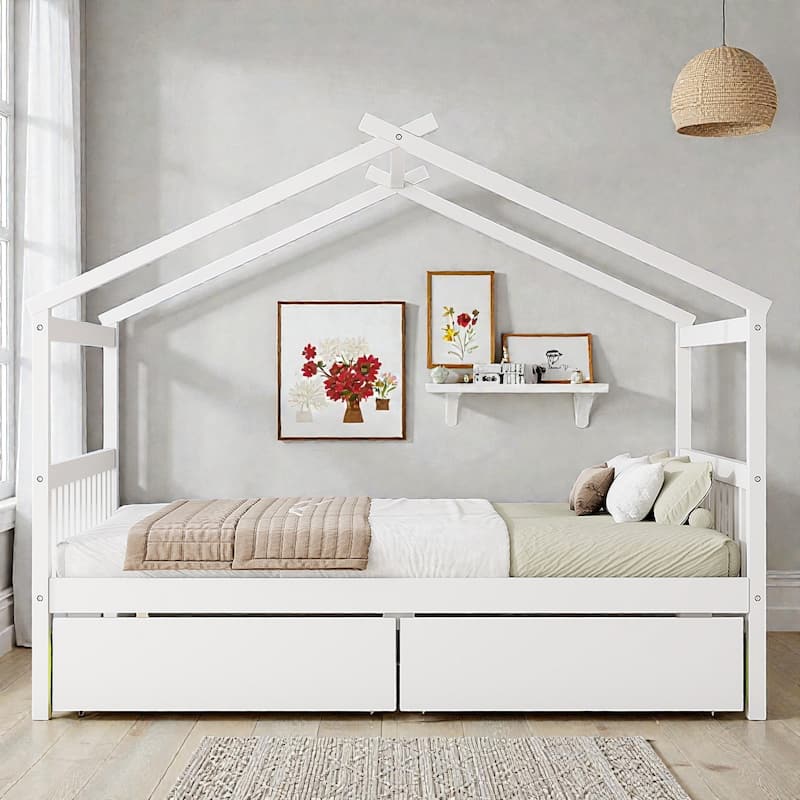 Twin/Full Size Wooden House Bed with Roof and 2 Drawers, Kids Platform Bed with Storage, Solid Pine Frame - White - Full