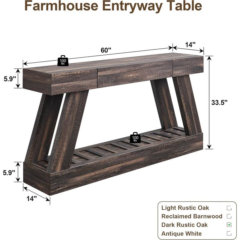 60" Farmhouse Entryway Table with Drawer, Entry Table, Foyer Table