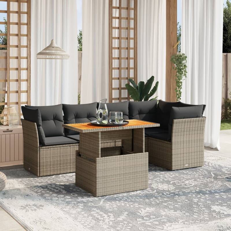 vidaXL Patio Sofa Set with Cushions Table and Sofas Outdoor 6 Piece Poly Rattan - 21.7 x 39.4 x 28.7 - Grey  - form1