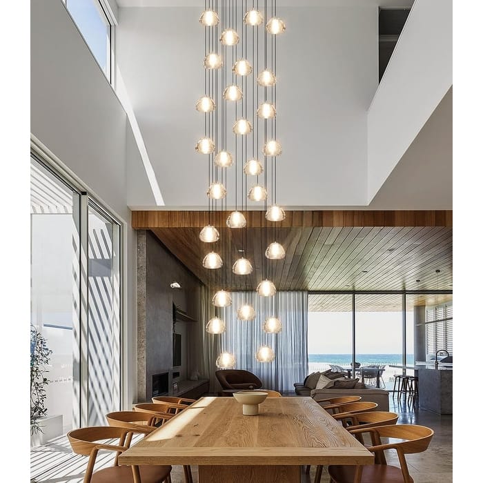 KAYLA 30-Lights Gold Modern Crystal Chandelier for Staircases, 157" Extra-Long Adjustable LED Ceiling Light