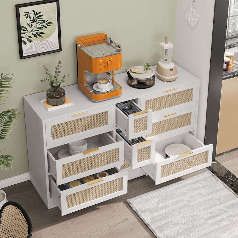 Boho Rattan Dresser Chest of Drawers, 9 Drawers Storage Cabinet Accent Chest Console Table for Living Room Bedroom