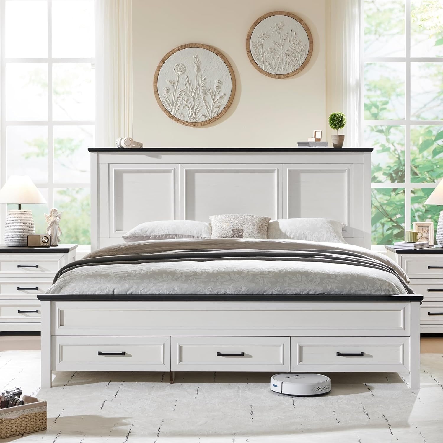 Farmhouse King Wood Bed Frame with Headboard, Platform Bedframe