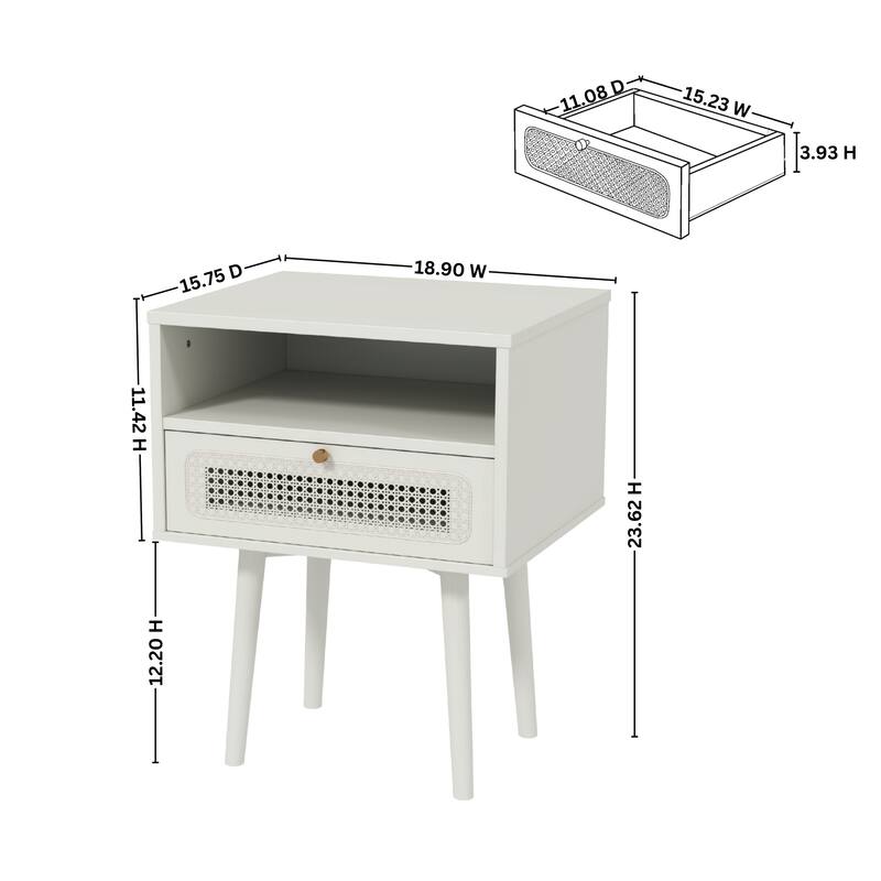 Roundhill Furniture Feeney Dual-tier Storage Nightstand, Cream White