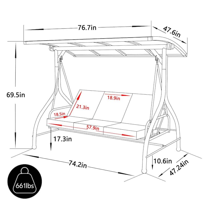 VEIKOUS 3-Person Adjustable Canopy Patio Porch Swing Outdoor with Cushions