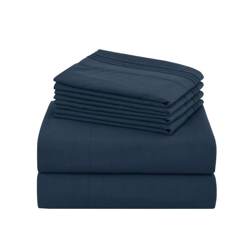 4/6 Pcs Soft Solid & Embroidery Bed Sheets Set - Full - Navy Blue