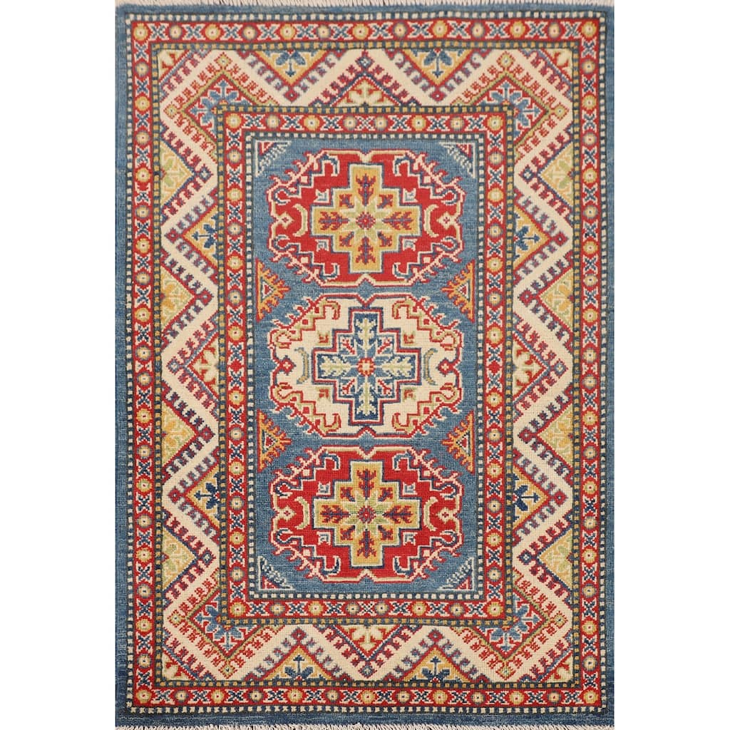Blue Geometric Kazak Foyer Rug Hand-Knotted Traditional Wool Carpet - 2'10" x 4'1"
