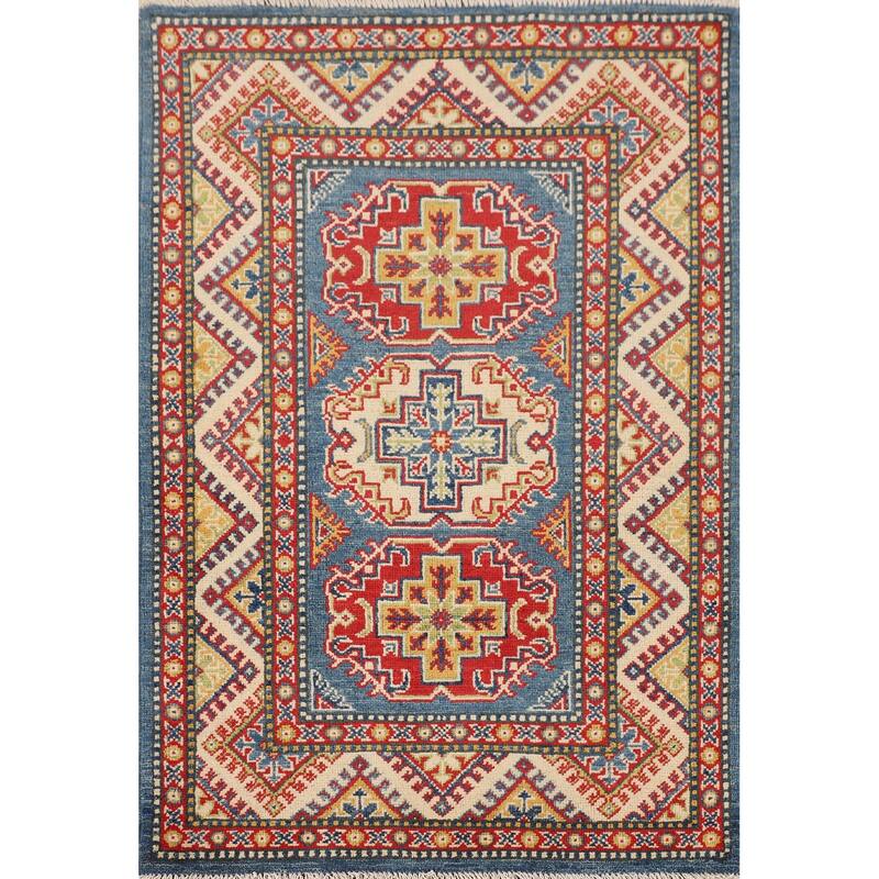 Blue Geometric Kazak Foyer Rug Hand-Knotted Traditional Wool Carpet - 2'10" x 4'1"