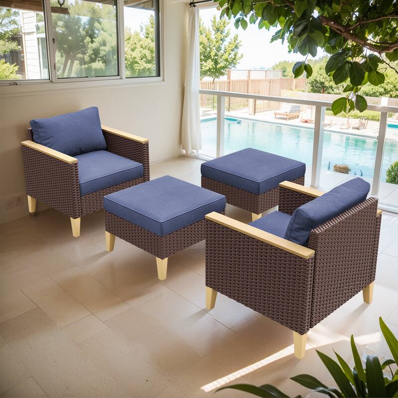 Gymojoy PE Rattan Patio Chairs, Ottoman Set - Brown - Blue