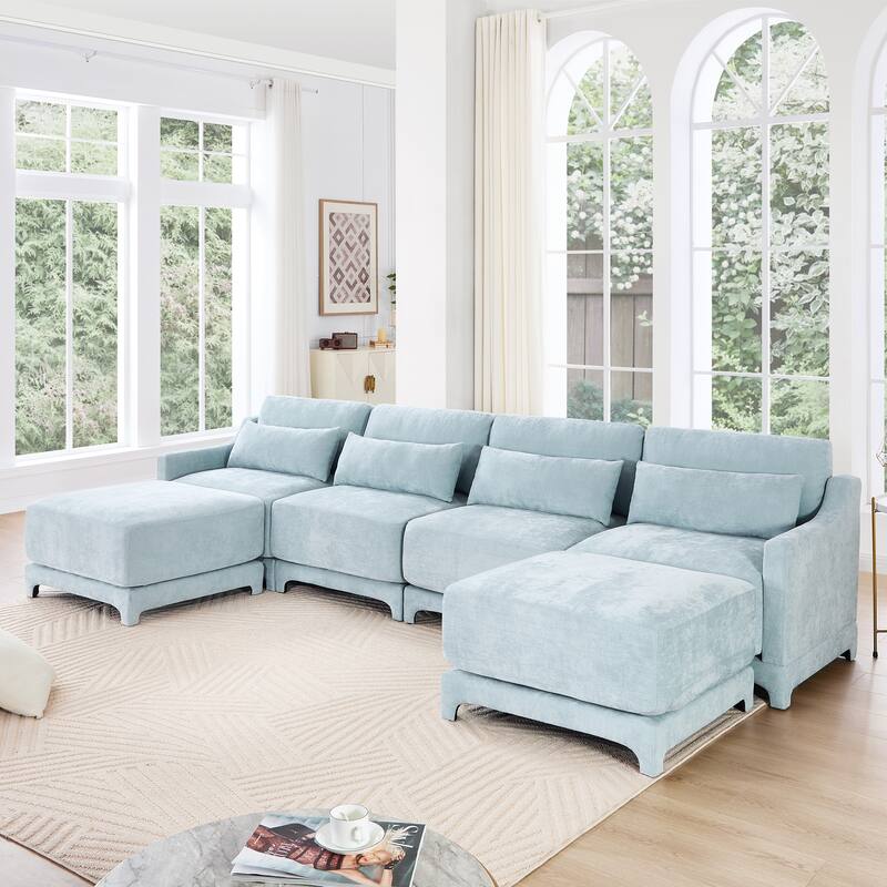 141.7" Chenille 4-Seater Sofa with Movable Ottoman & Solid Wood Frame - Sky Blue