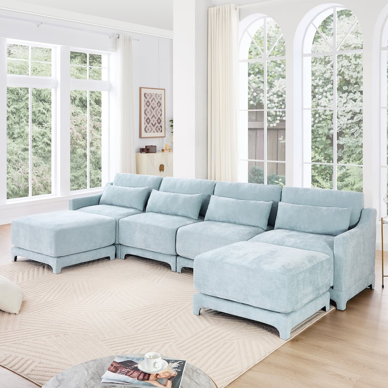 GDFStudio- Odyssey Chenille Four-Seater Sofa with Dual Ottoman - Sky Blue