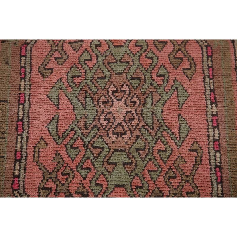 Pink Geometric Sirjan Persian Runner Rug Vintage Handmade Wool Carpet - 3'4" x 12'3"