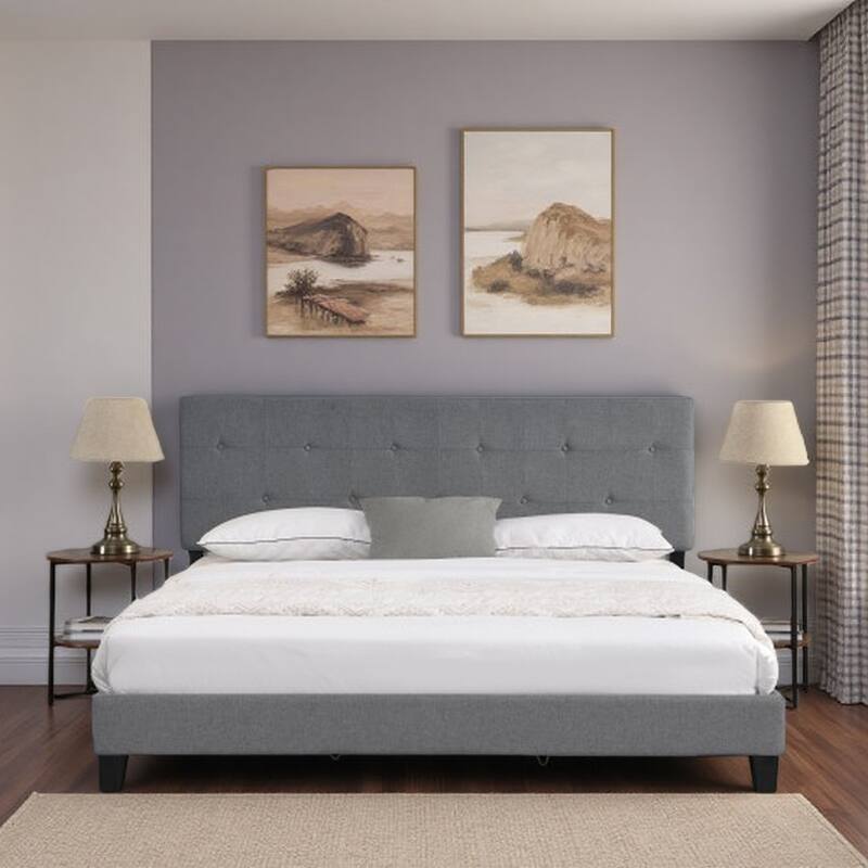 King Size Upholstered Platform Bed Frame with Linen Fabric Headboard, No Box Spring Required, Wood Slat Support, Easy Assembly - Grey