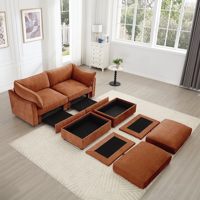 2-Seater Loveseat with 2 Movable Ottoman & Pull out Storage Drawer Under