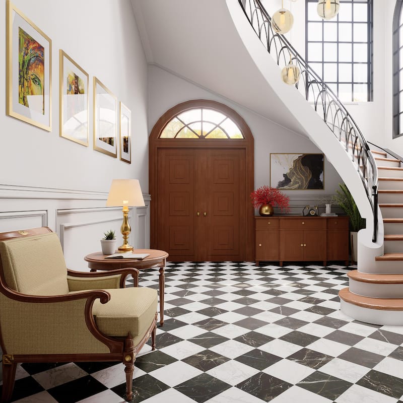 Merola Tile Reve Checker Blanc with Noir 11-3/4" x 11-3/4" Porcelain Floor and Wall Tile - Case (24 Tiles)