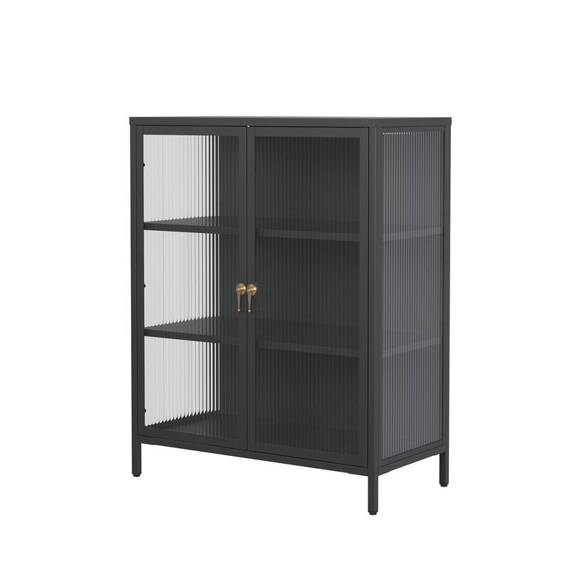 Benoite 40.04-inch Black Two Door Metal Storage Cabinet with Fluted Clear Doors and Gold Handles - 40.04