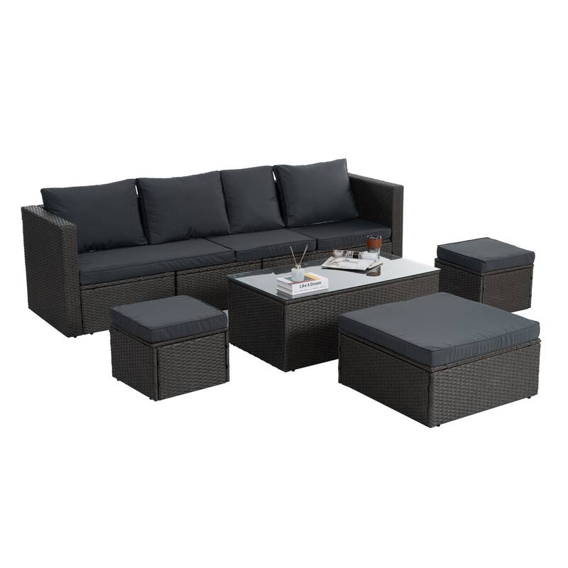 GDFStudio - Modern 7-Piece Outdoor PE Wicker Patio Set with Lounger Sofa, Seats 6
