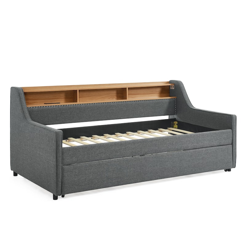Linen Upholstered Bedframe Twin Daybed with Foldable Leg Pull Out Trundle, LED Lights, Storage Headboard and Wireless Charging