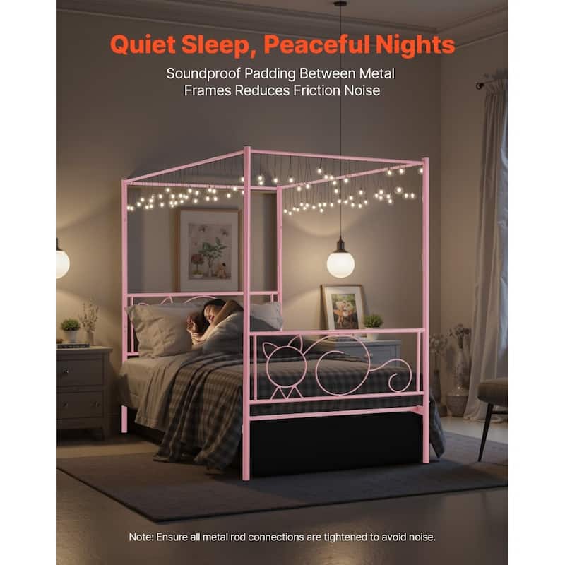 Pink Twin Canopy Bed Frame Metal Sturdy Four-Post Design with Under-Bed Storage Space