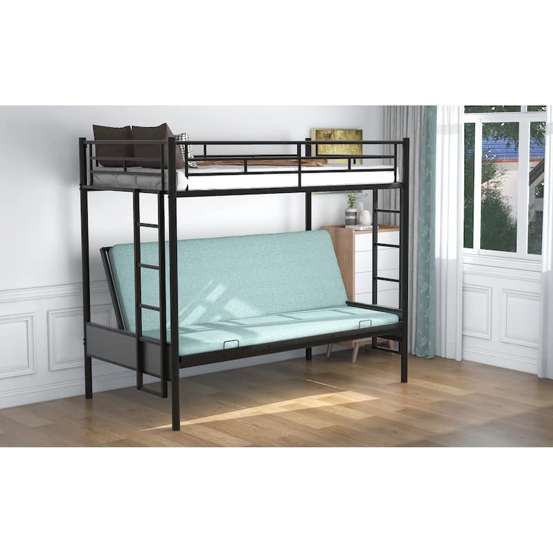 Twin over Full Metal Bunk Bed with Fence and Ladder