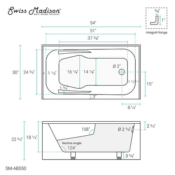 dimension image slide 0 of 20, Swiss Madison Voltaire, Acrylic White, Alcove, Integral Armrest, Bathtub with Apron