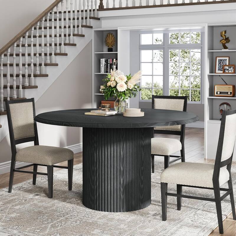 Round Dining Table Kitchen Table, Farmhouse Dinner Table with Metal Base