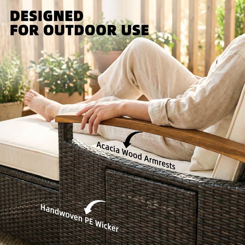 Outsunny Rattan Outdoor Daybed w/4-Level Adjustable Backrest, Patio Sofa Bed w/Loveseat, Storage Ottoman, Acacia Wood Armrest