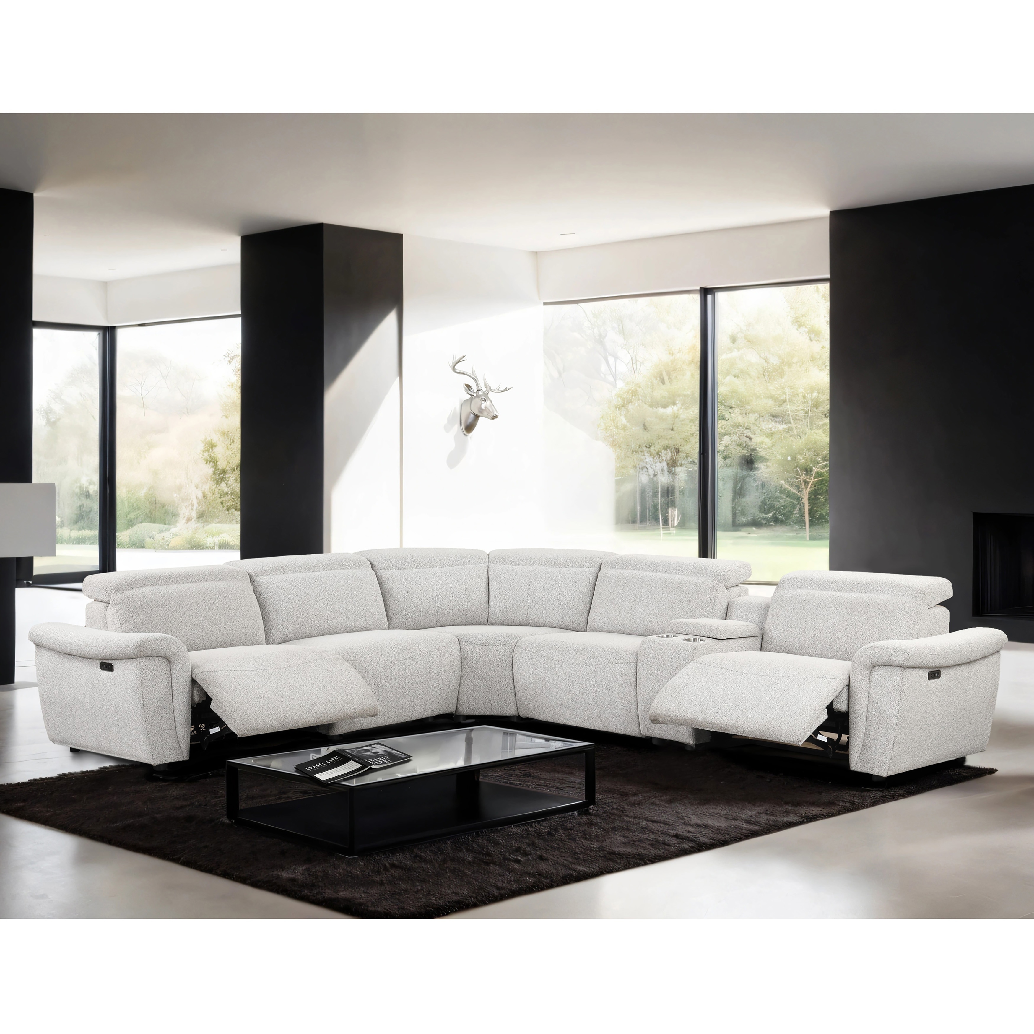 Furniture of America Loungi Modern Light Grey Chenille Power Recliner Sectional with Console and USB Ports