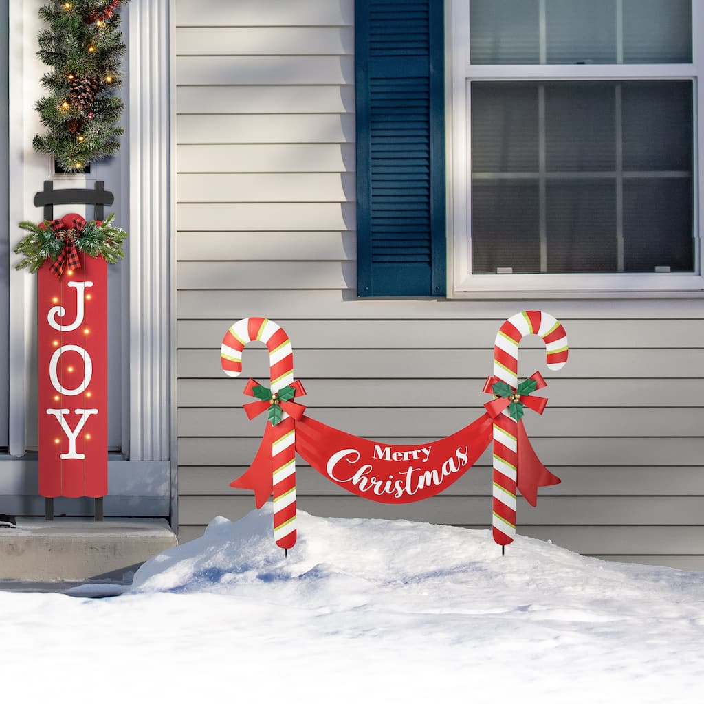 Glitzhome 30"H Metal Merry Christmas Candy Cane Yard Stake Wall Decor