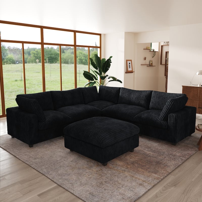 118'' Large Cloud Plush Corner Sectional Sofa Couch with Ottoman for Living Room Set - Black