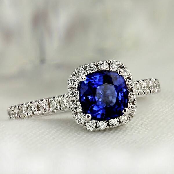 Shop Auriya Platinum 1ct Cushion Cut Blue Sapphire Halo Diamond Engagement Ring 1 2ctw On Sale Overstock 13317883