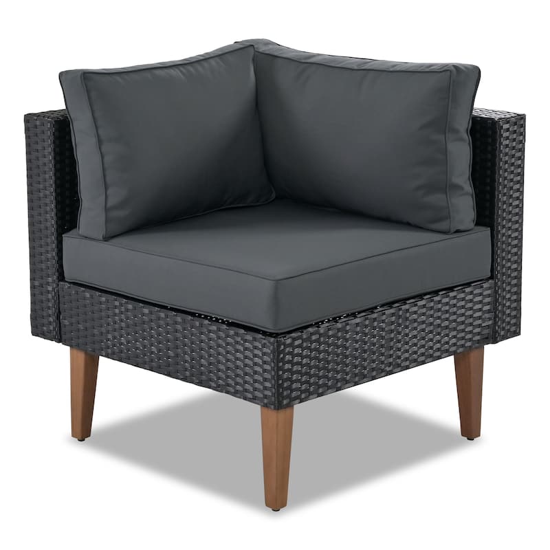 Roomfitters 4-Piece Outdoor Sectional Sofa Set with Glass Coffee Table, Tapered Wood Legs Rattan Furniture, Black+Gray