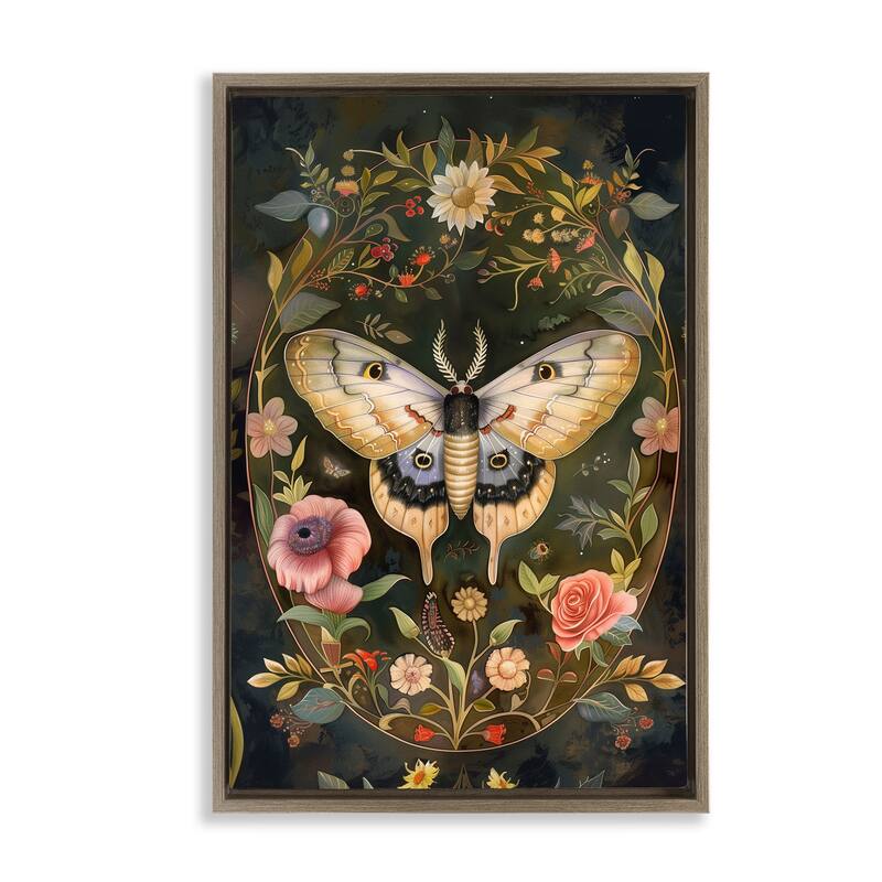 Stupell Victorian Botanicals & Moth Framed Floater Canvas Wall Art Design By The Dutch Lady - 21 x 31 - Brown
